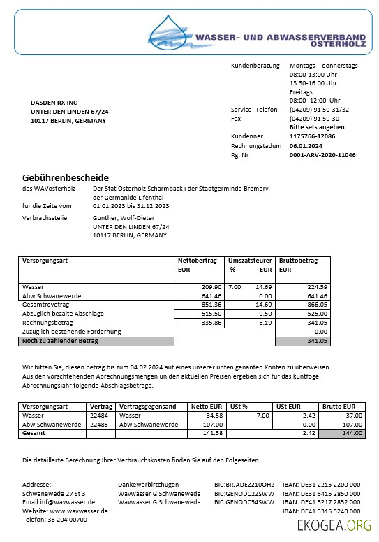 Modèle de facture de services publics d'entreprise Allemagne Wavwasser aux formats Word et PDF